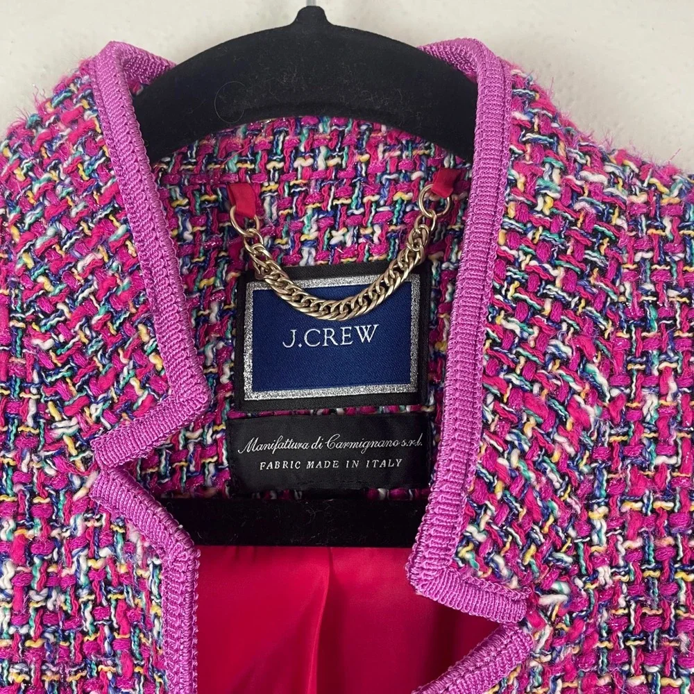 J.Crew Womens Blazer Fitted Jacket Pink Purple‎ Gold Pockets Size 2 Autumn Tweed